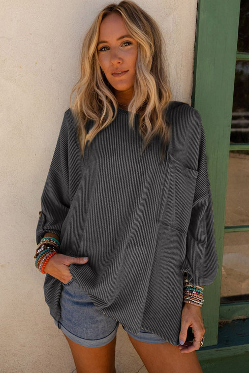 Ribbed Roll-tab Sleeve Chest Pocket Oversize Top